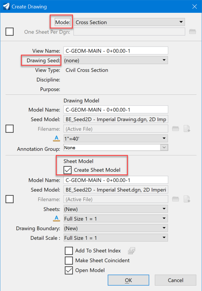 Create Drawing dialog (Sheets optional)